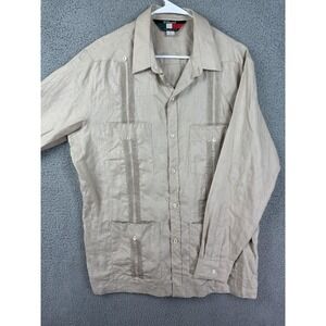 D'Accord Guayabera Shirt Mens Large Tan Beige 100% Linen Long Sleeve Button Up